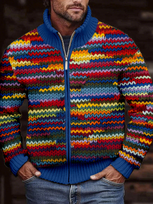 Herren Vintage bunte Häkel kunst Gemütliche Zip Strickjacke