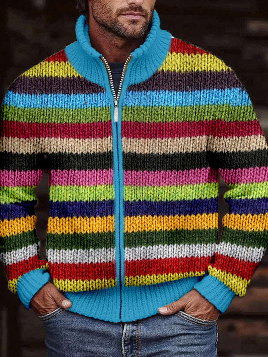 Mehrfarbige gestreifte, gemütliche Strickjacke für Herren