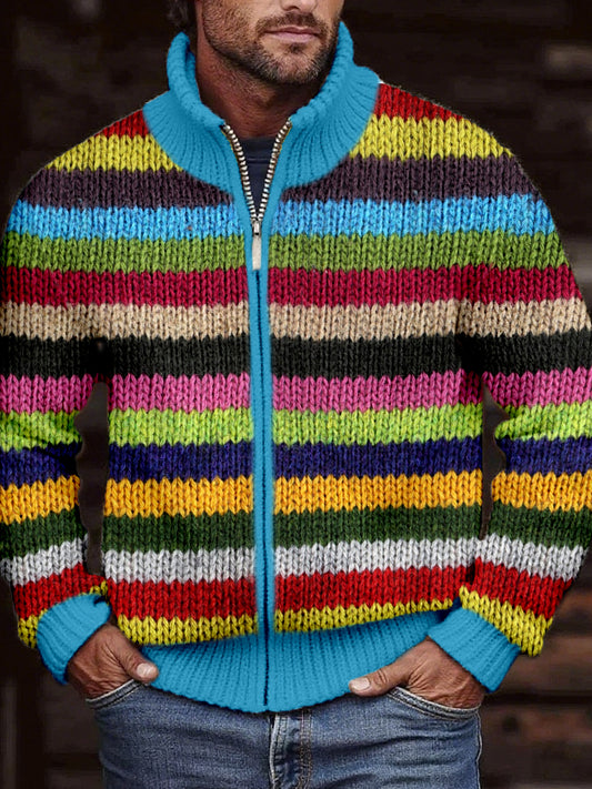 Mehrfarbige gestreifte, gemütliche Strickjacke für Herren