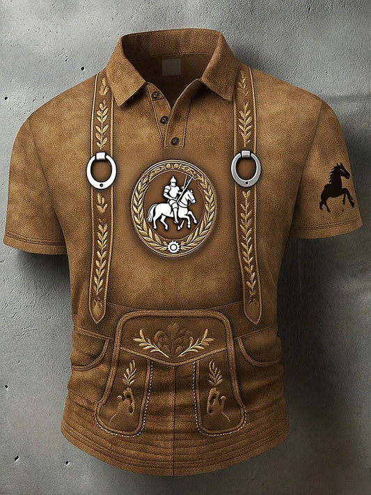 Herren Vintage Hirsch Kunstdruck Western Waffel Polo Shirt