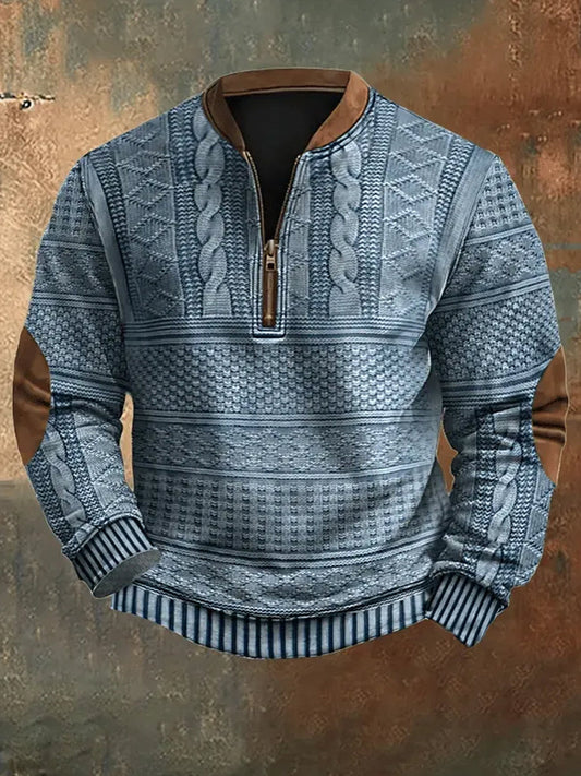 Herren Vintage Strickmuster-Druck lässig Reiß verschluss Sweatshirt