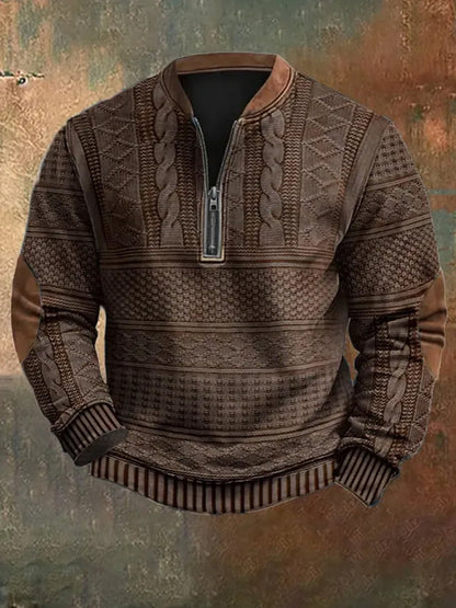 Herren Vintage Strickmuster-Druck lässig Reiß verschluss Sweatshirt