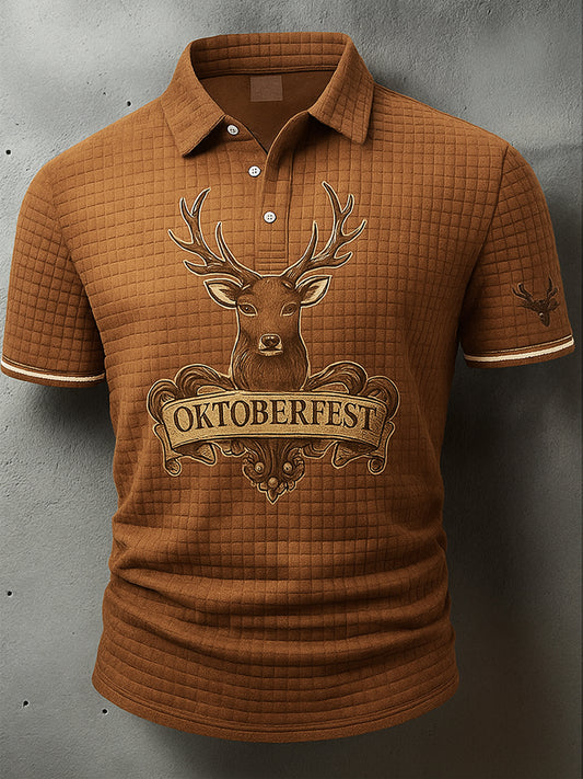 Retro Oktoberfest Hirsche Lederhosen Künstlerisch bedruckt Karierte Textur V-Ausschnitt kurze Ärmel Polo-Shirt