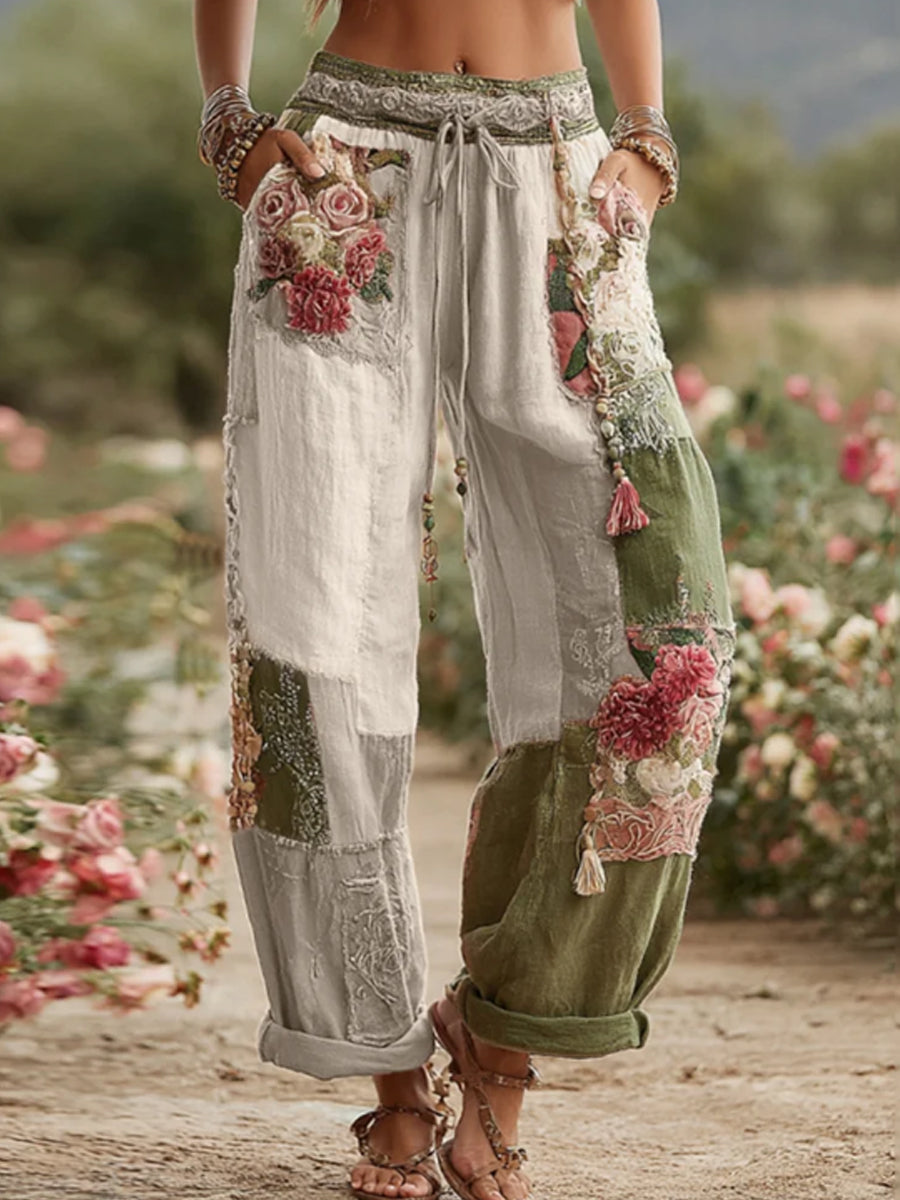 Damen Vintage Rose und Floral Patchwork Kunst Leinen hosen
