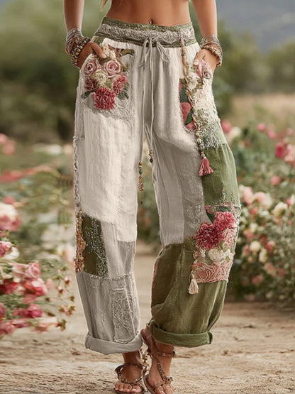 Damen Vintage Rose und Floral Patchwork Kunst Leinen hosen