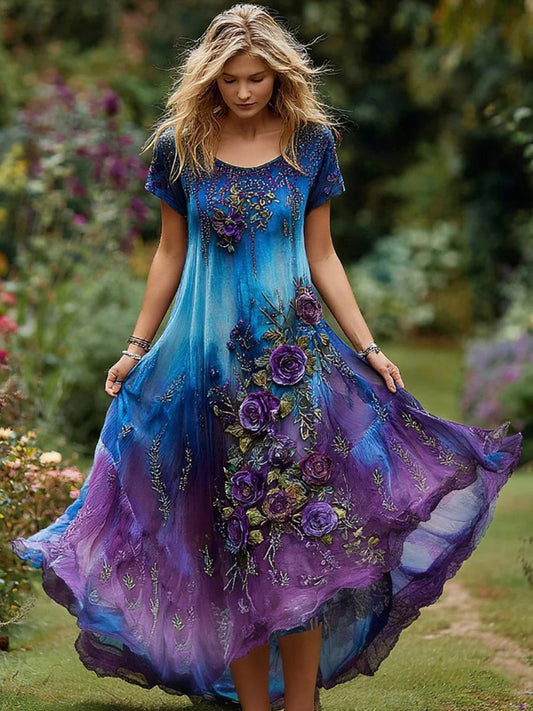 Damen Vintage Lila und Blau Lavendel Patchwork und Blumen Besticktes Kunst Leinen Maxi Kleid