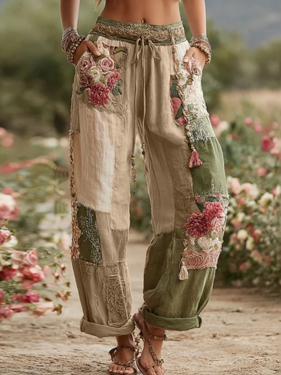 Damen Vintage Rose und Floral Patchwork Kunst Leinen hosen