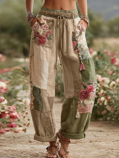 Damen Vintage Rose und Floral Patchwork Kunst Leinen hosen
