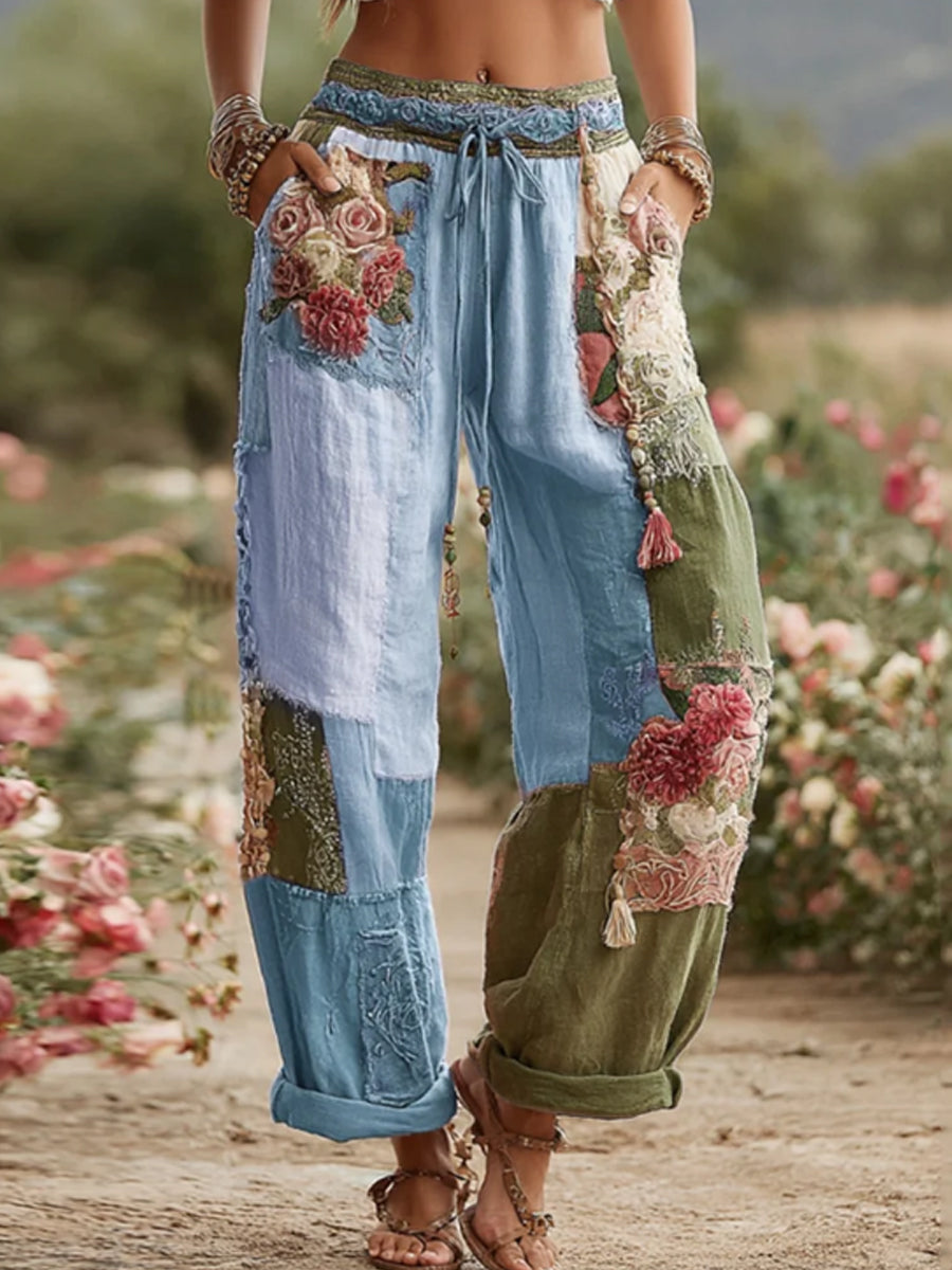 Damen Vintage Rose und Floral Patchwork Kunst Leinen hosen