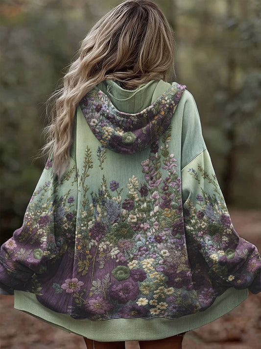 Damen Retro 3D Floral Gradient Bequem Warm Reiß verschluss Übergroßer Hoodie