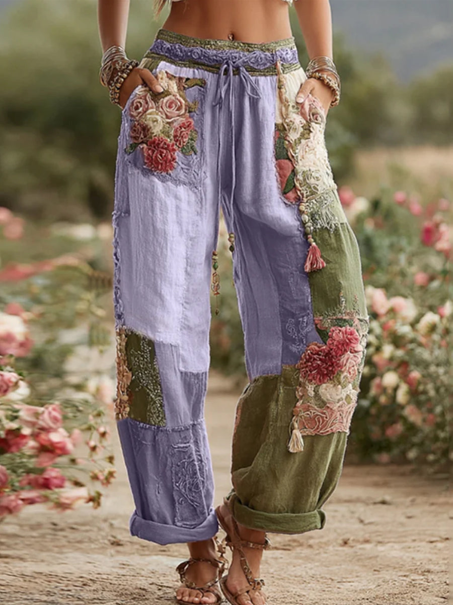 Damen Vintage Rose und Floral Patchwork Kunst Leinen hosen