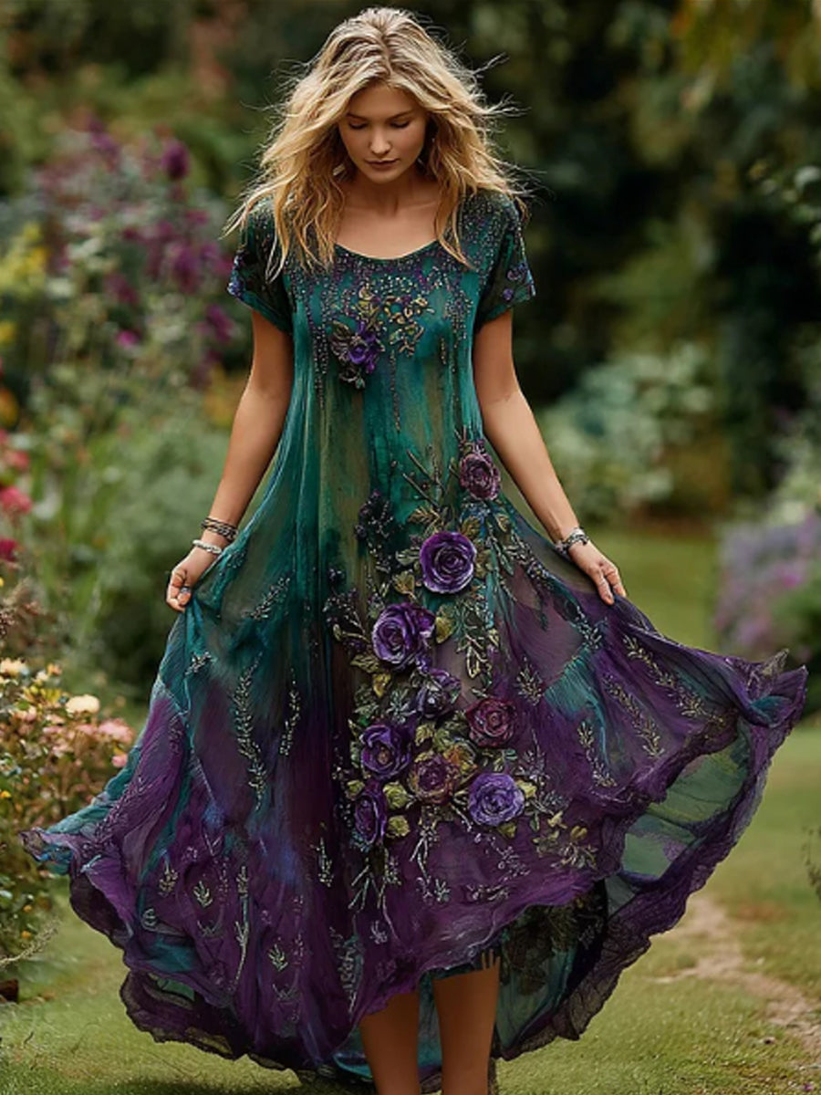Damen Vintage Lila und Blau Lavendel Patchwork und Blumen Besticktes Kunst Leinen Maxi Kleid
