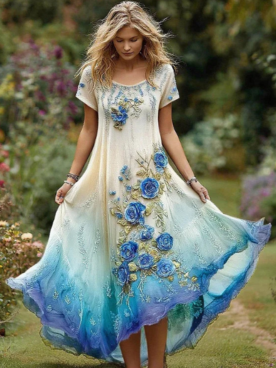 Damen Vintage Lila und Blau Lavendel Patchwork und Blumen Besticktes Kunst Leinen Maxi Kleid