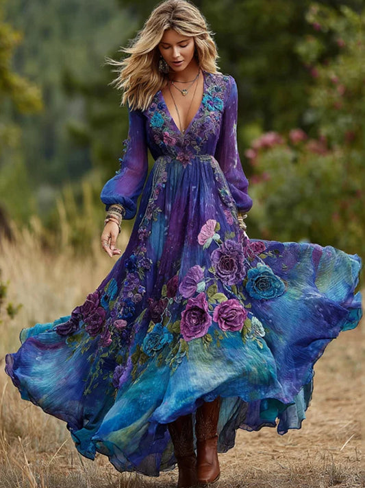 Damen Vintage Lila und Blau Lavendel Patchwork und Blumen Besticktes Kunst Leinen Maxi Kleid