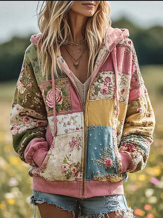 Damen Vintage Floral Patchwork Gemütlich Warm Reiß verschluss Hoodie