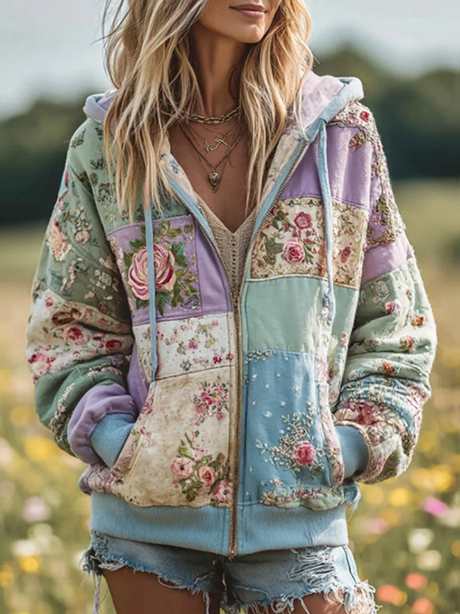 Damen Vintage Floral Patchwork Gemütlich Warm Reiß verschluss Hoodie