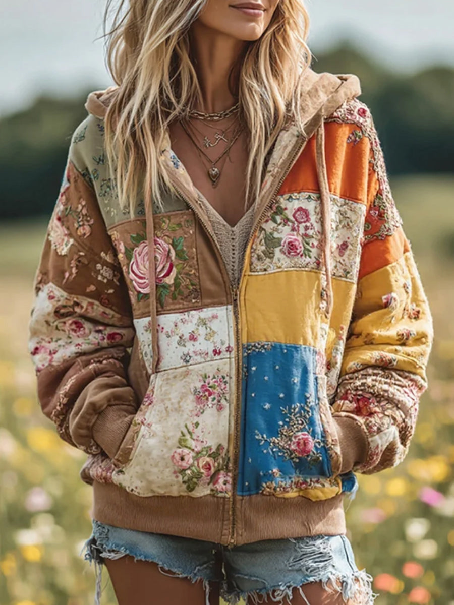 Damen Vintage Floral Patchwork Gemütlich Warm Reiß verschluss Hoodie