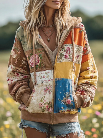 Damen Vintage Floral Patchwork Gemütlich Warm Reiß verschluss Hoodie