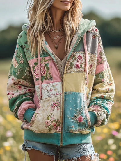 Damen Vintage Floral Patchwork Gemütlich Warm Reiß verschluss Hoodie