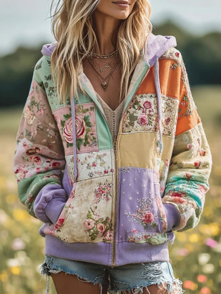 Damen Vintage Floral Patchwork Gemütlich Warm Reiß verschluss Hoodie