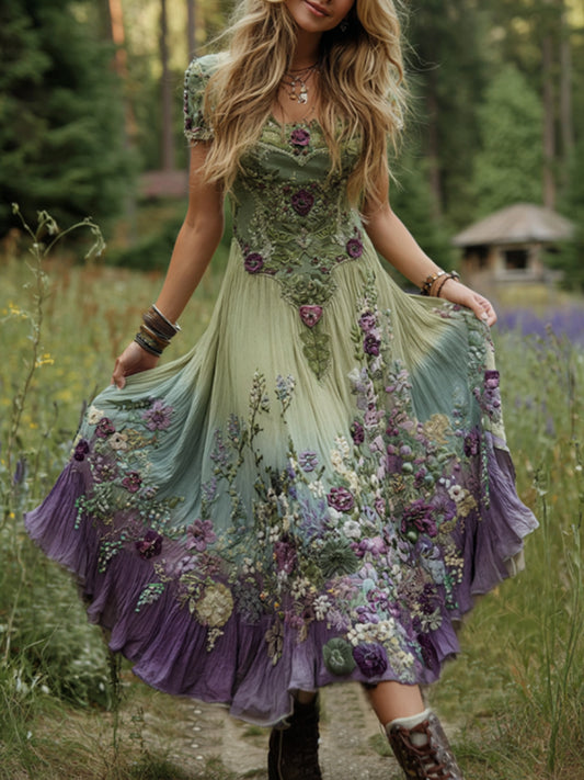Damen Classy Gradient Lila Lavendel und Blumen bedrucktes kurzes Maxi kleid