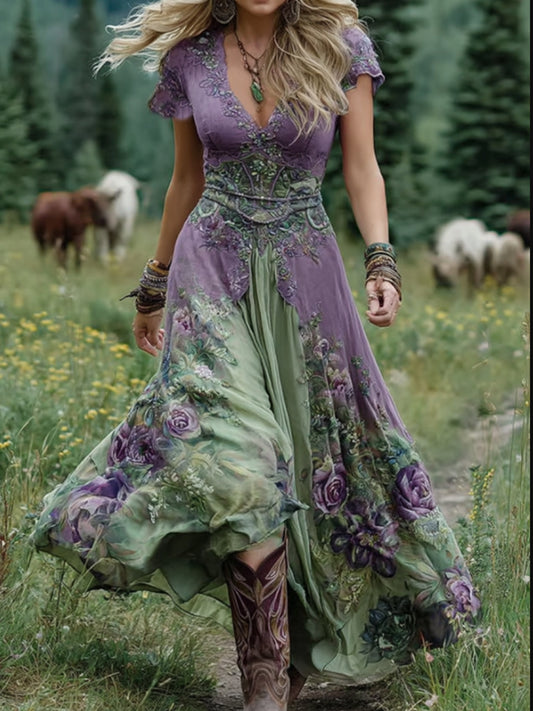 Damen Classy Gradient Lila Lavendel und Blumen bedrucktes kurzes Maxi kleid