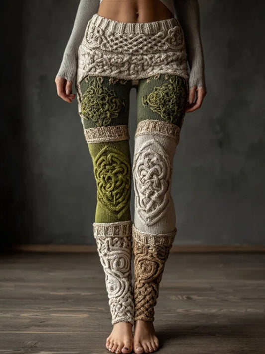 Damen Vintage Viking Keltisches Muster Stricken Kunst Gemütliche Leggings