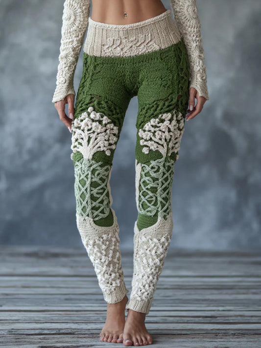 Damen Vintage Wikinger Baum des Lebens Keltischer Knoten stricken gemütliche Leggings