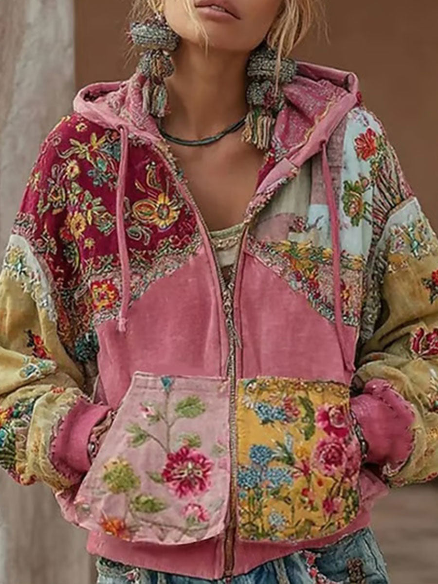 Damen rosa Blumen druck Casual Zip-Up Top