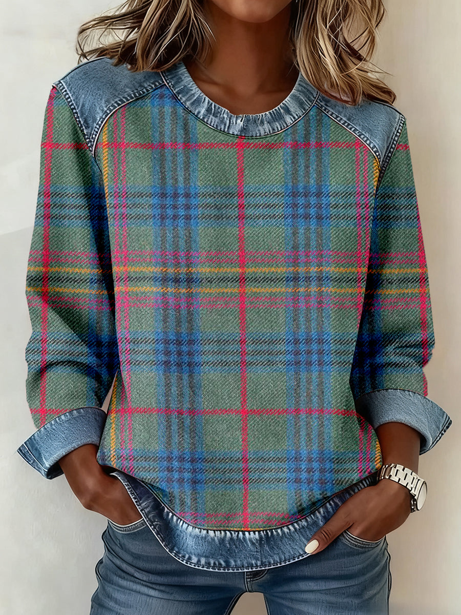 Damen Vintage Kariertes Muster Denim Patchwork Sweatshirt