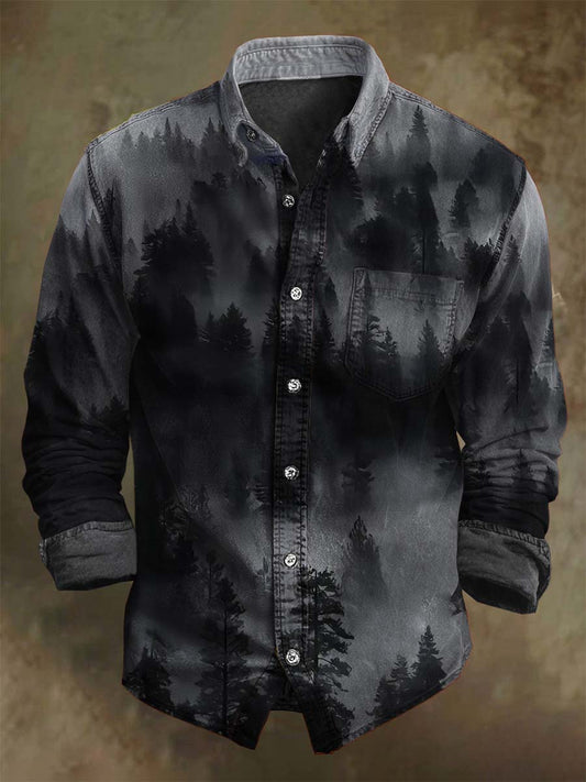 Misty Black Forest Print Lässiges Langarm-Shirt