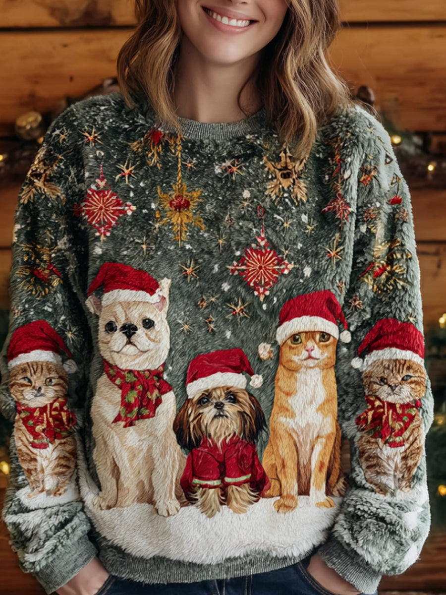 Damen Vintage Weihnachten Tier Kunst Druck Komfortable Freizeit Pullover