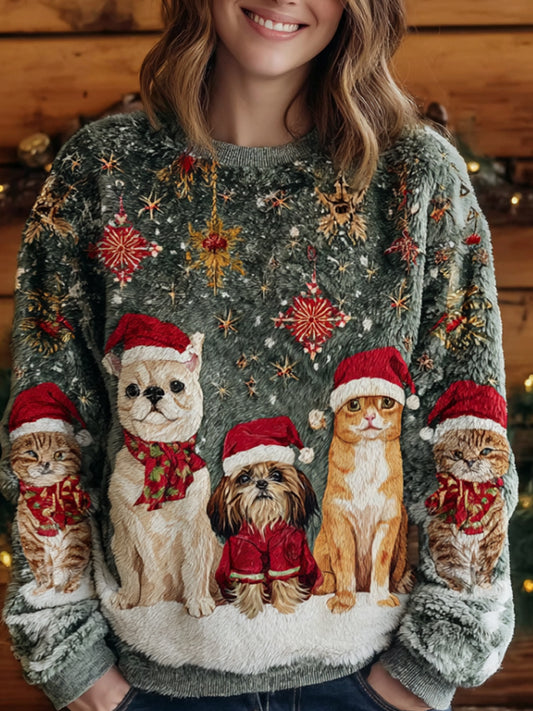 Damen Vintage Weihnachten Tier Kunst Druck Komfortable Freizeit Pullover