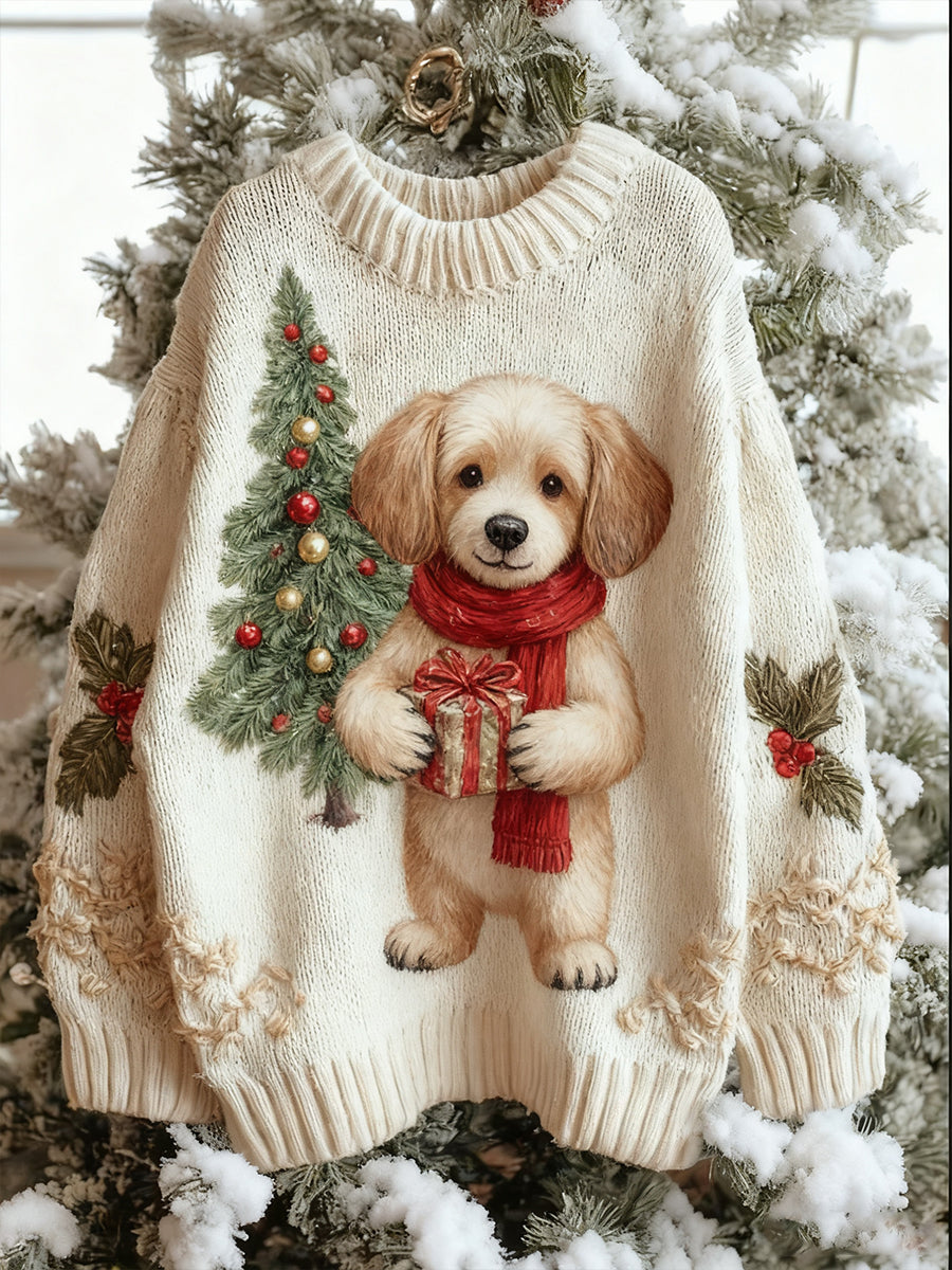Damen Vintage Weihnachten Tier Kunst Druck Komfortable Freizeit Pullover