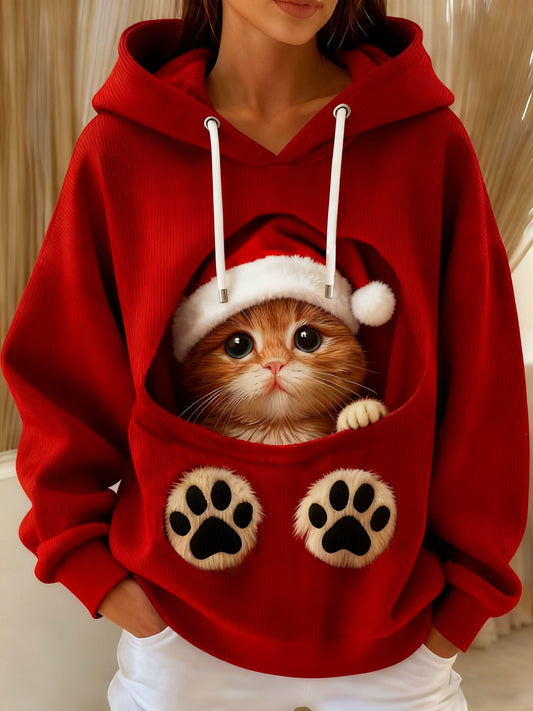 Frauen niedliche Weihnachts katze Kunst Kordel zug Hoodie