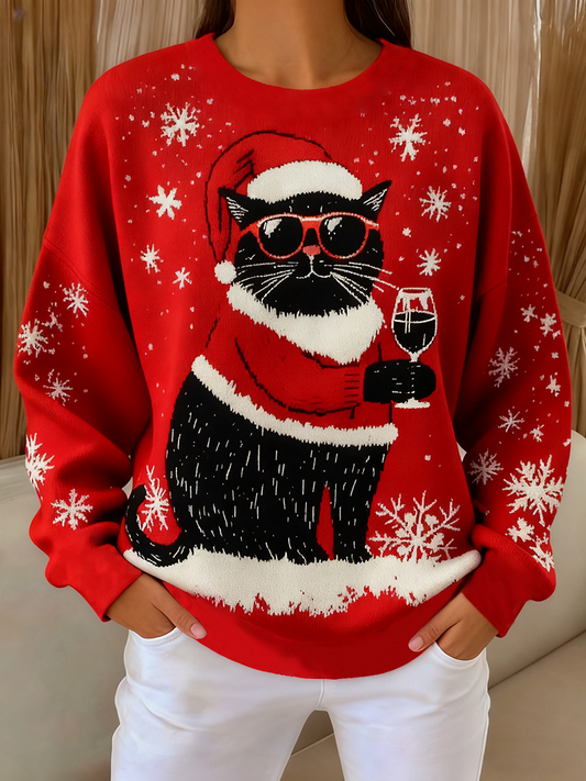 Damen Vintage Weihnachten schwarze Katze bedrucktes Sweatshirt