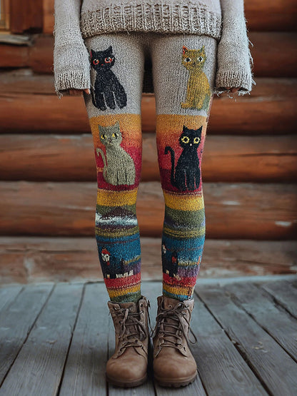Damen Vintage Katzen Print Leggings