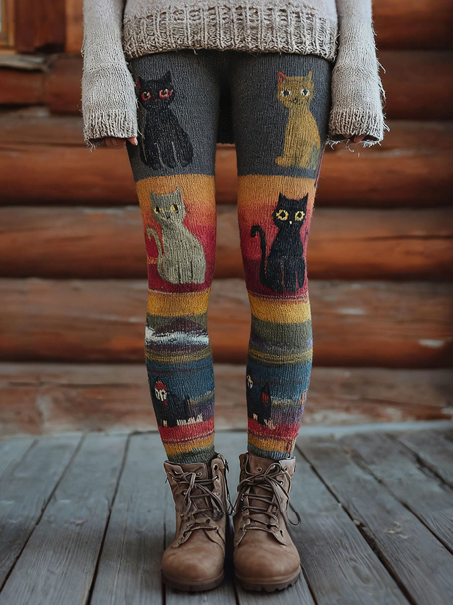 Damen Vintage Katzen Print Leggings