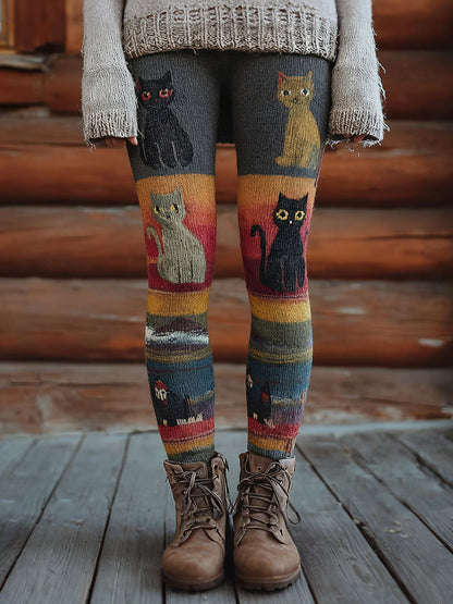 Damen Vintage Katzen Print Leggings