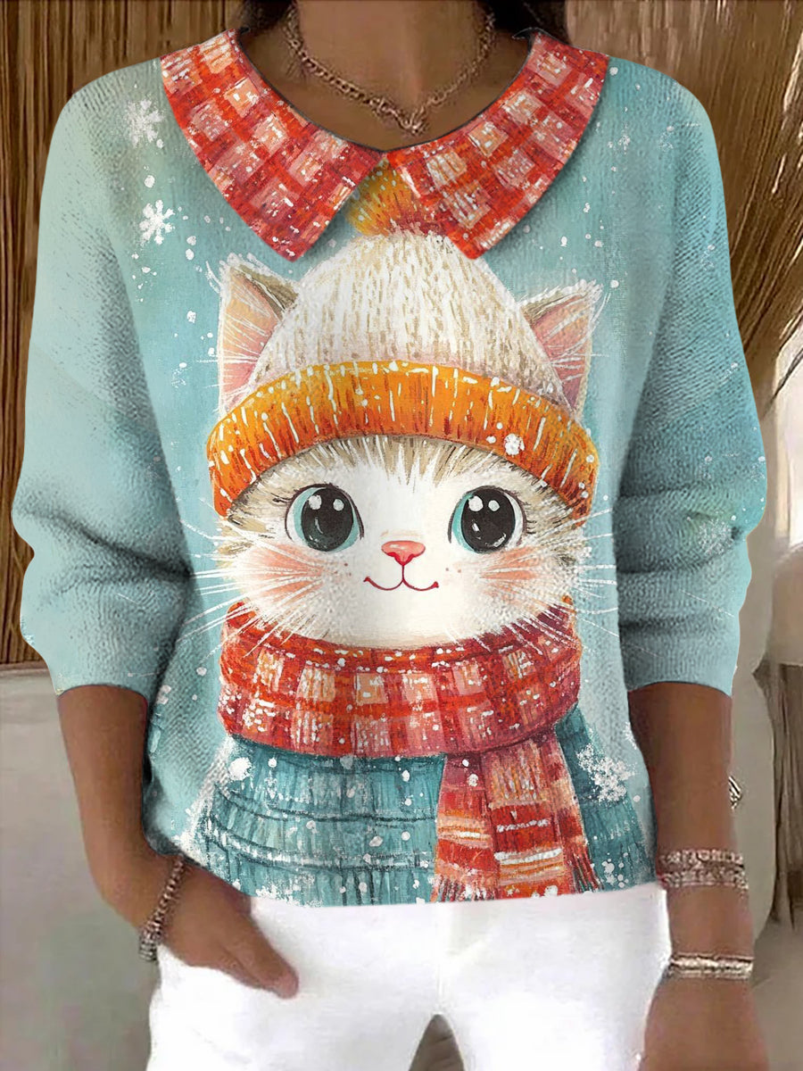 Damen Winter Katze Kunstdruck Pullover