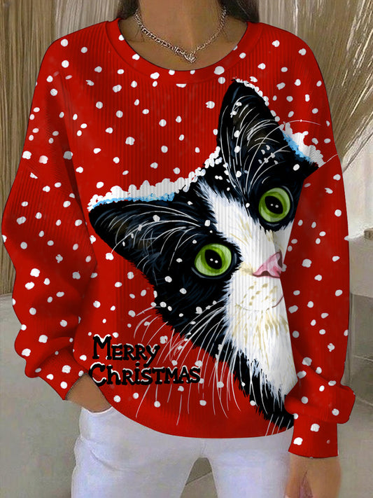 Damen Vintage Weihnachts katze bedrucktes Sweatshirt