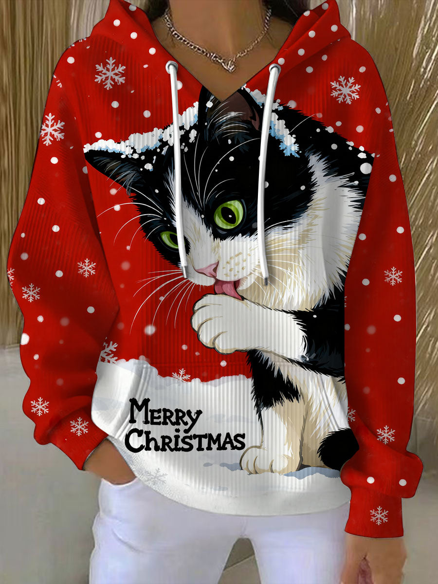 Damen Vintage Weihnachts katze bedruckt Hoodie