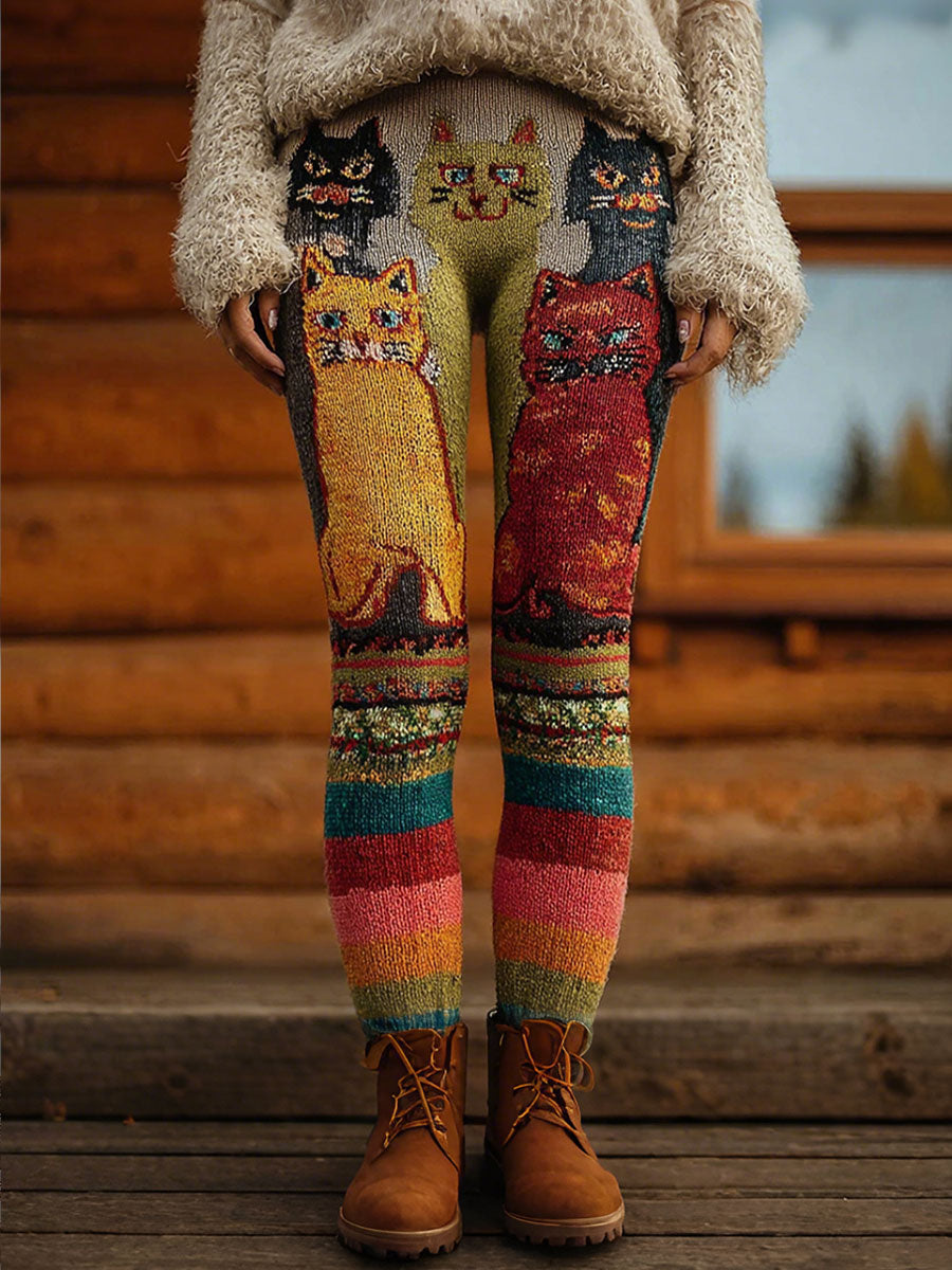 Damen Vintage Katzen Print Leggings