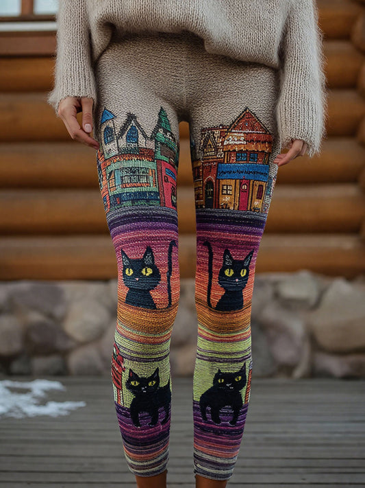 Damen-Vintage-Leggings mit schwarzem Katzen-Print