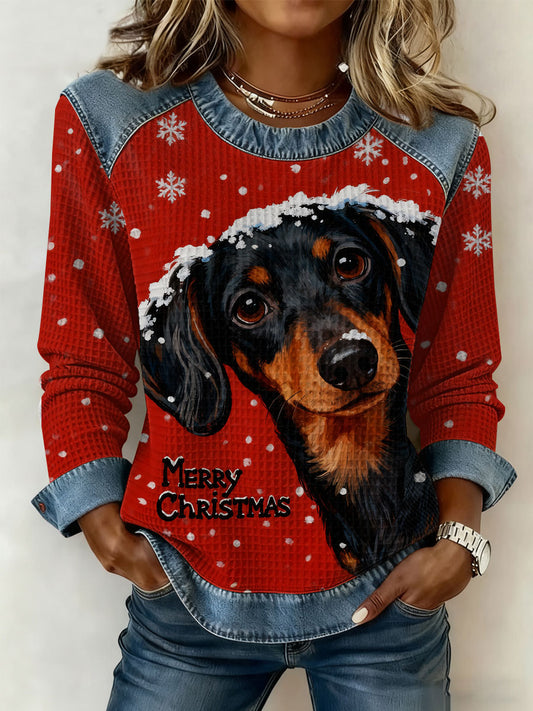 Damen Vintage Weihnachts hund Denim Patchwork Sweatshirt