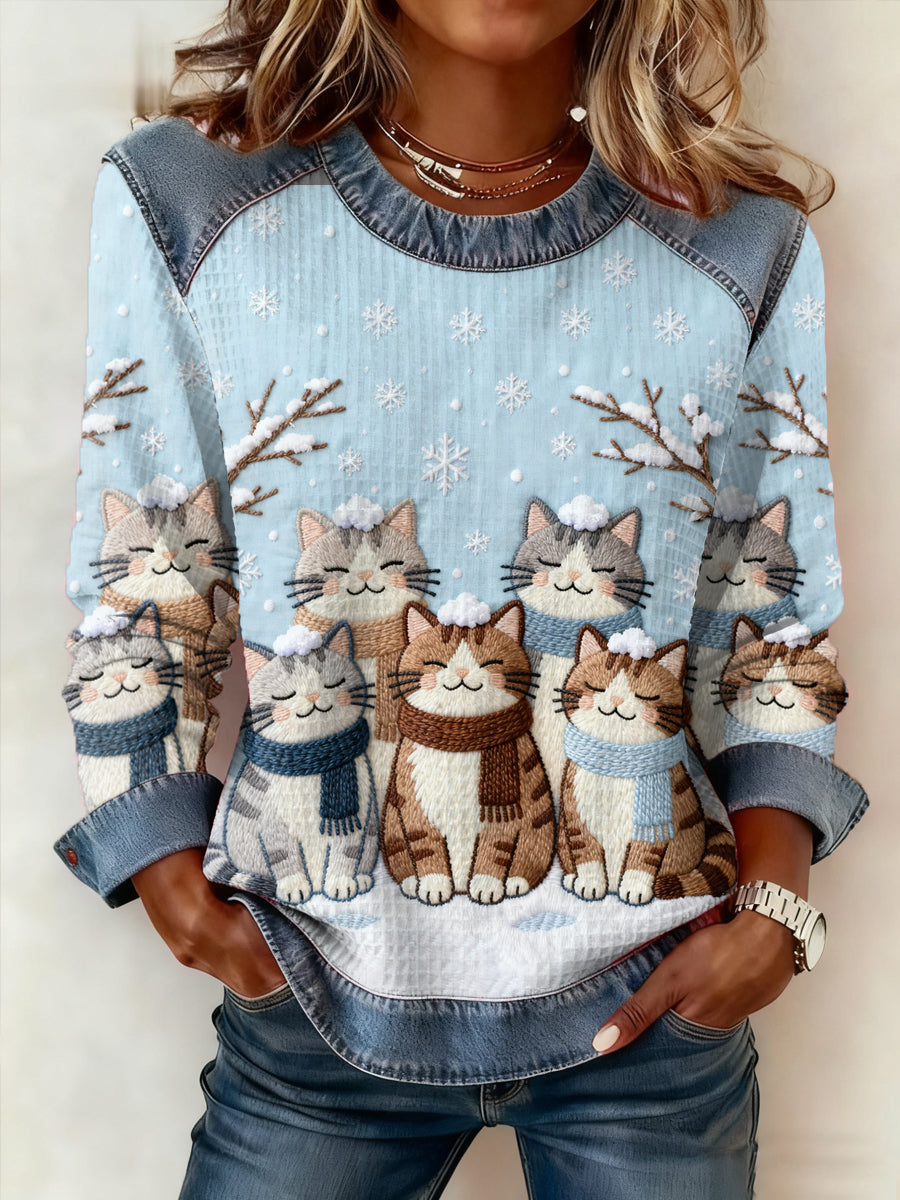 Damen niedliche Winter Katze Print Katze Liebhaber lässig Sweatshirt