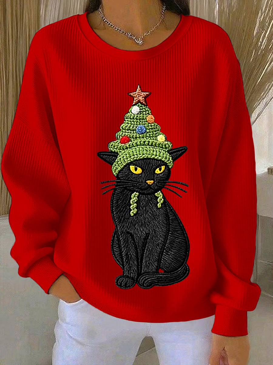 Frauen Weihnachts baum niedliche Katze Kunst Geripptes Rundhals-Sweatshirt