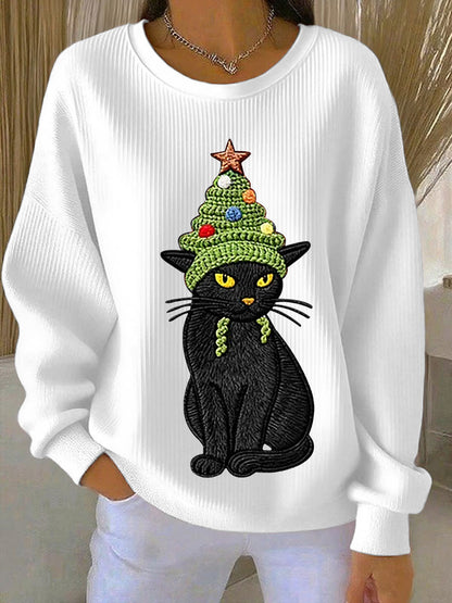 Frauen Weihnachts baum niedliche Katze Kunst Geripptes Rundhals-Sweatshirt