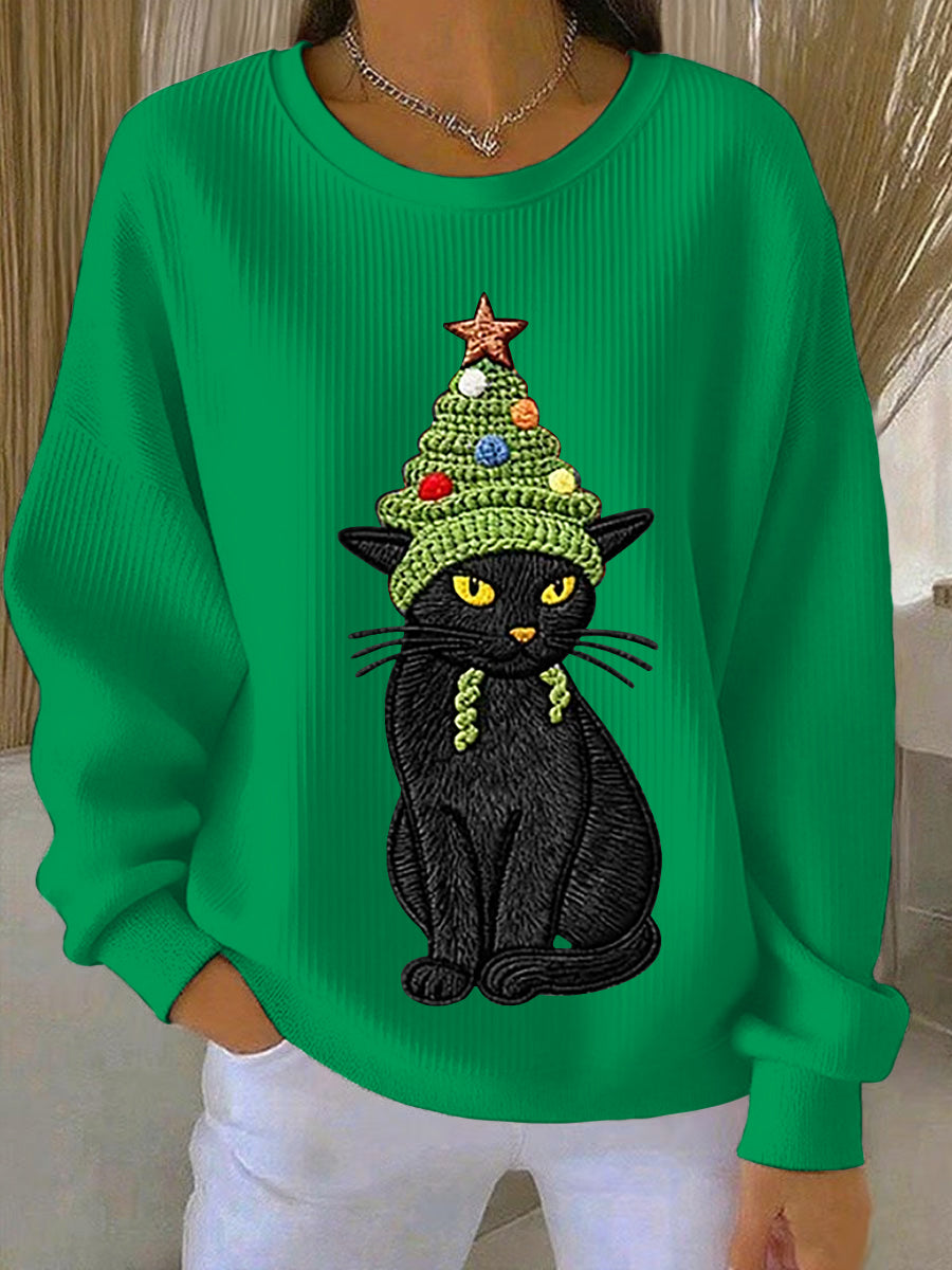 Frauen Weihnachts baum niedliche Katze Kunst Geripptes Rundhals-Sweatshirt