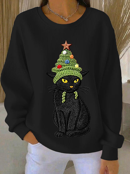 Frauen Weihnachts baum niedliche Katze Kunst Geripptes Rundhals-Sweatshirt